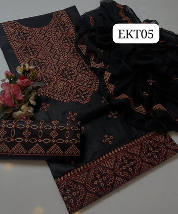COMPUTER AARI SINDHI EMBROIDERY ON SOFT LAWN  SHIRT, EMBROIDERED TROUSER WITH CHIFFON DUPPATTA 4 SIDES EMBROIDERED... 3PC SUIT